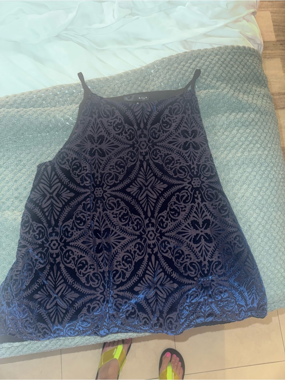 Aqua blue Velvet Damask/ Jacquard thin strap top